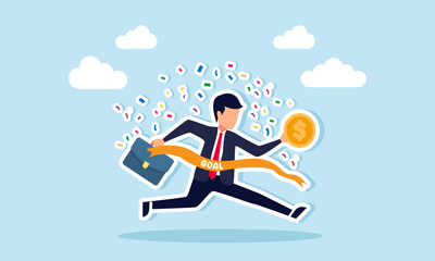 A businessman carries a dollar coin celebrating success while passing through a cloth with the word GOAL, illustration of maintaining business financial stability