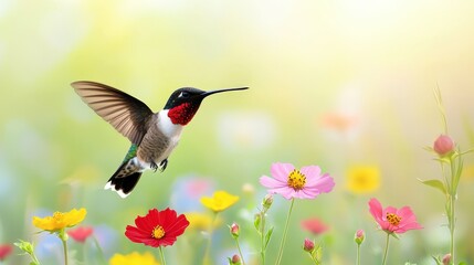 Naklejka premium Hummingbird hovering near colorful flowers, symbolizing biodiversity