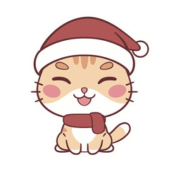 cute cartoon cat wearing a christmas hat and scarf. Hand drawn pet and Christmas illustrations, perfect for stickers, clipart, etc
