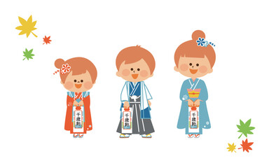 日本の七五三　日本の着物を着た子供たち　かわいいイラスト