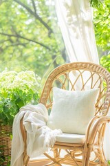 Fototapeta premium Sunlit wicker chair with white pillow and greenery by window