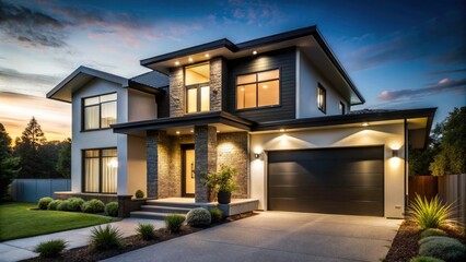 Minimalist Black & White Suburban Home, Night Lighting, Modern Architecture, Contemporary House Exterior
