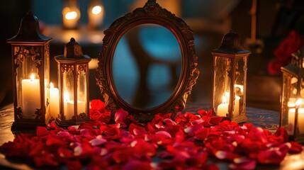 Romantic setup with candles, a mirror, and rose petals creating a serene ambiance.