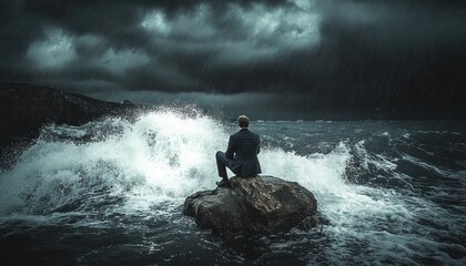 stormy sea businessman sitting on rock isolation crisis resilience anxiety contemplation