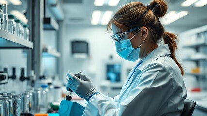 A professional female scientist in a modern research laboratory, working on a vaccine creation using future technology and science, genetic engineer, copy space, workplace