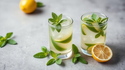 Fototapeta premium A refreshing slice of lemon with a sprig of mint, perfect for adding flavor to cocktails and dishes, recipes, flavor, refreshing