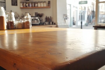Close-Up View of a Rustic Wooden Table in a Cozy Coffee Shop with Jars of Ingredients in the Background and Natural Light Streaming Through the Window