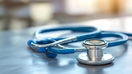 Close-Up View of a Silver Stethoscope on a Wooden Table in a Bright Medical Office Environment with Blurred Background and Soft Lighting