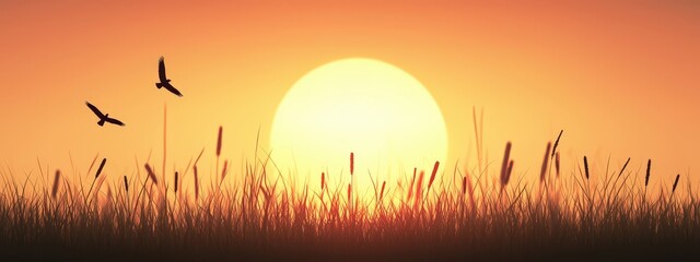 Illustration of a peaceful sunset over fields of unity and hope