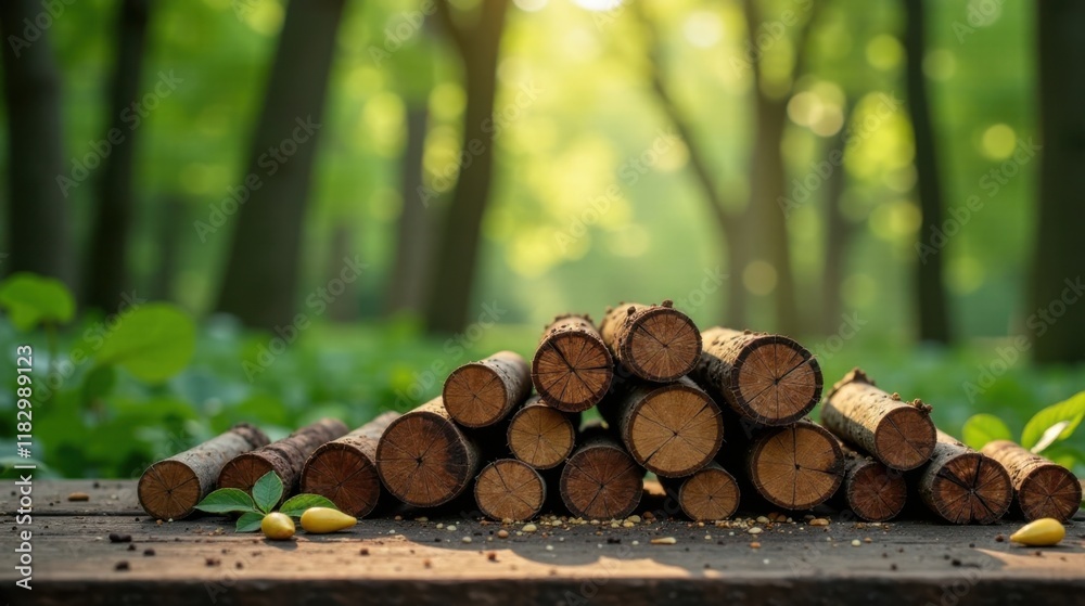 Poster serene woodland scene featuring neatly stacked logs on a rustic surface