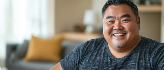 Obraz premium An overweight man wearing T-shirt, smiling in her living room, generative AI
