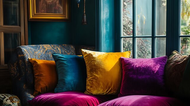Soft velvet cushions in a rich jewel toned room