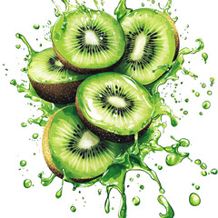 A vibrant depiction of sliced kiwifruit with splashes, emphasizing freshness and flavor.