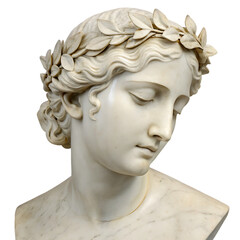 Obraz premium Elegant Marble Bust of Woman with Laurel, Exquisite marble bust of a woman with a serene expression, adorned with a laurel wreath, showcasing classical artistry and grace. 