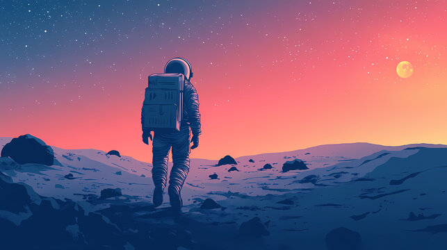 Astronauta su pianeta alieno cammina verso il cielo stellato colorato notturno cadente. Riversong. Illustration