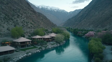 Fototapeta premium Serene River Valley Retreat Mountain Lodges