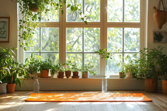 Home yoga studio with large window, plants and orange mat on wood floor, wellness and exercise concept