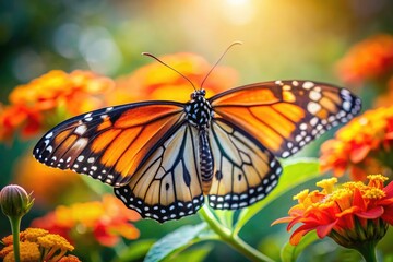 Obraz premium Monarch Butterfly on Orange Flower, Summer Garden, Colorful Insect, Detailed Wings, Macro Photography