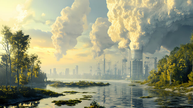 Climate engineering projects reversing global warming with geoengineering solutions and planetary-scale interventions. Riversong. Illustration
