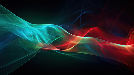 Abstract digital art depicting a vibrant collision of warm red and cool cyan light waves against a dark background