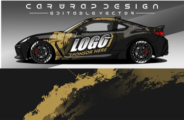 Illustration vector grahic of Car wrap decal with abstract design. Black gold colour. Livery car editable. Mockup template sticker vinyl for racing, rally, or daily use.