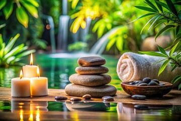 Obraz premium Indulge in a soothing spa massage: hot stones, warm towels, flickering candles, and serene nature sounds.