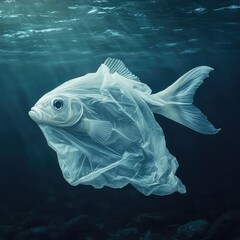 Plastic bag shaped like a fish floats in polluted water, highlighting plastic pollution in oceans and the dangers it poses to marine life