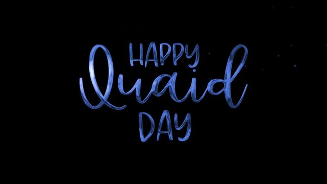 Animated  lettering Happy Quaid Day proclamation with scattered specks; ideal for Quaid Day greeting cards, social media posts, or invitations.