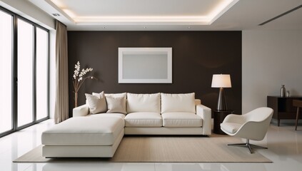 Minimalist living room showcases a curved sofa  modern armchairs