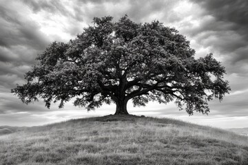 Fototapeta premium Majestic oak tree on hilltop under dramatic sky.