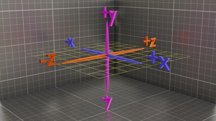 3d xyz axis. X, Y, Z coordinates defining 3d space. Y axis up down. Z axis in out. 3d render illustration.