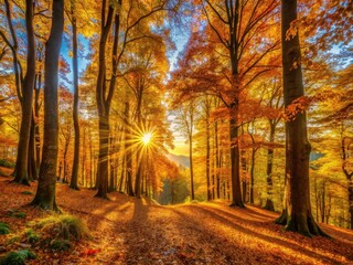 Fototapeta premium Panoramic Autumn Forest Portrait Photography: Vibrant Fall Colors, Golden Hour Light, Majestic Trees