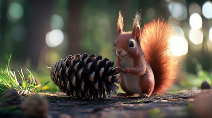 Fototapeta premium Adorable Red Squirrel Encountering a Pine Cone in a Sunlit Forest