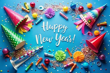 Fototapeta premium Happy New Year Aerial Festive Celebration: Confetti, Hats, Noisemakers & Party Blowers on Blue