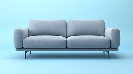 Fototapeta premium Ultra slimline sofa in muted grey minimalist decor on blue background