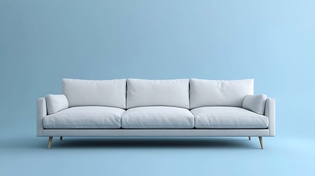 Ultra slimline sofa in muted grey minimalist decor on blue background