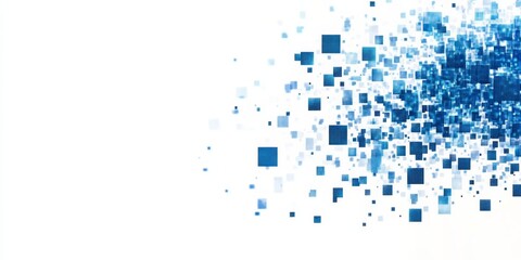 Abstract blue square particles dispersing on white background.