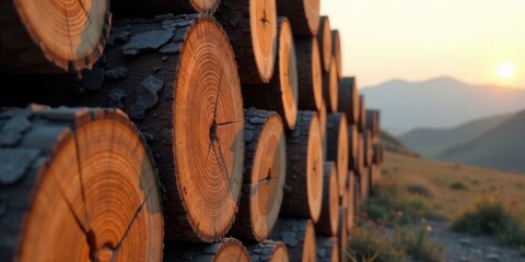 Sunset illuminates stacked tree logs against a mountain backdrop