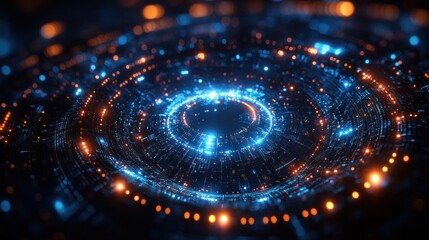 Obraz premium A mesmerizing digital swirl of blue and orange lights, resembling a cosmic or technological vortex.
