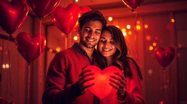 Smiling couple, wearing red, hold a glowing heart in a room decorated with heart-shaped balloons - Powered by Adobe