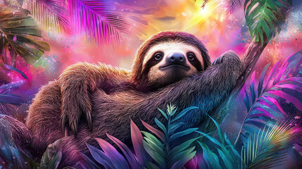 Obraz premium cheerful sloth relaxing among vibrant tropical foliage, basking in colorful sunshine. scene radiates joy and tranquility