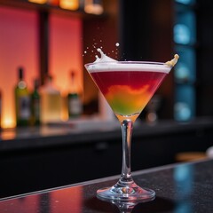 Colorful cocktail splash in martini glass on bar counter against a blurred backdrop