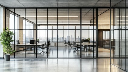 Modern office interior with glass walls, city view, and workspace.