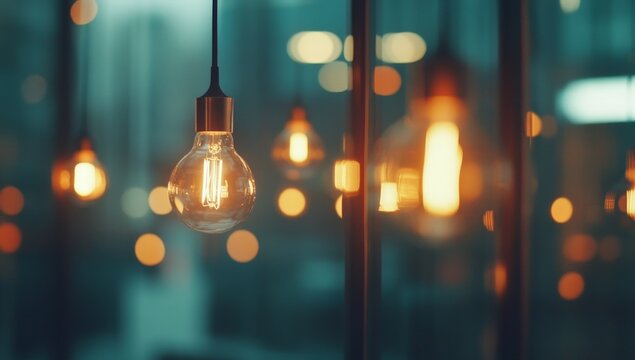 Glowing light bulbs hanging in a modern setting.