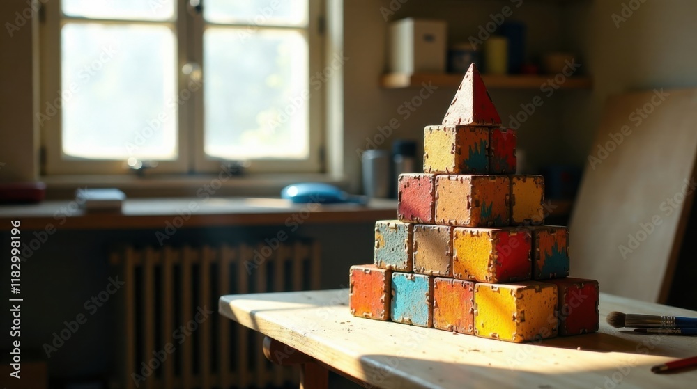 Poster A whimsical wooden block pyramid bathed in sunlight on a rustic table