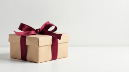 A thoughtfully wrapped gift box with a burgundy ribbon, ready for a special occasion