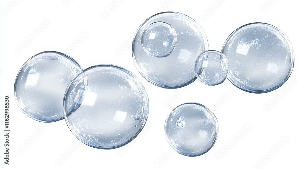 Poster transparent soap bubbles cluster on white background.
