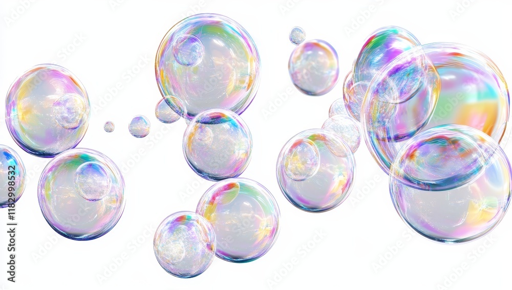 Poster iridescent soap bubbles floating on white background. (1)