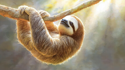Obraz premium dreamy sloth hanging under glowing sunshine, showcasing its vibrant fur and serene expression