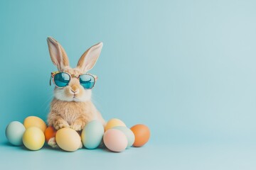 Cute rabbit wearing sunglasses surrounded by colorful Easter eggs on a light blue background, perfect for spring festivities, holiday celebrations, and whimsical photography needs